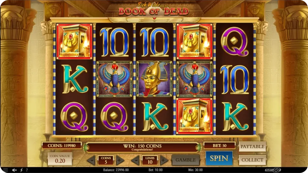 Gratis spinn-funksjon i Book of Dead med utvidende symbol