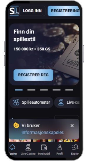 Hovedsiden til Slotlounge casino med registreringsknapp
