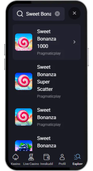 Søkefelt med innskrevet tekst Sweet Bonanza