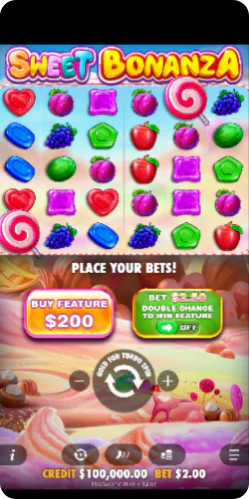 Hovedspillegrensesnittet til Sweet Bonanza spilleautomaten