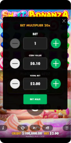 Justering av innsatsstørrelse i Sweet Bonanza spillet