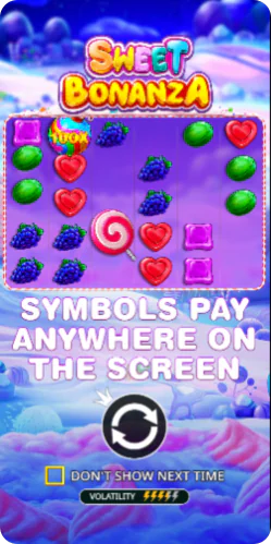 Velkomstskjermen til Sweet Bonanza spillet med fargerike frukter