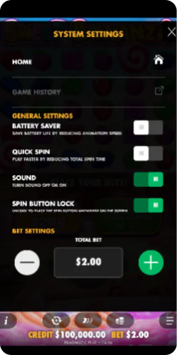 Meny for systeminnstillinger i spilleautomaten