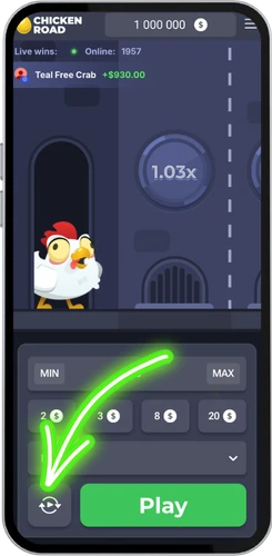 Slik åpner du autospill i Chicken Road med ikonet ved siden av Play